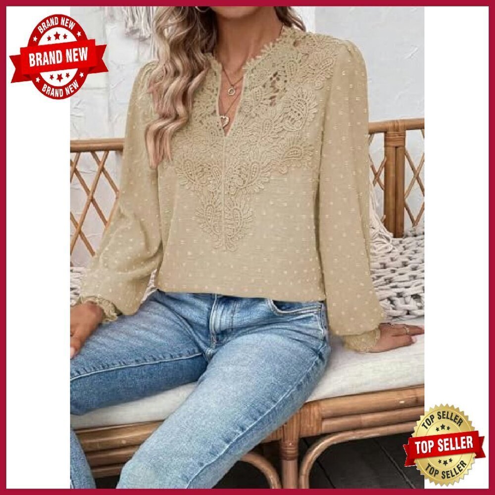 Swiss Dot Chiffon Blouse Long Sleeve V Neck Flowy Lace Hem - Picture 4 of 8